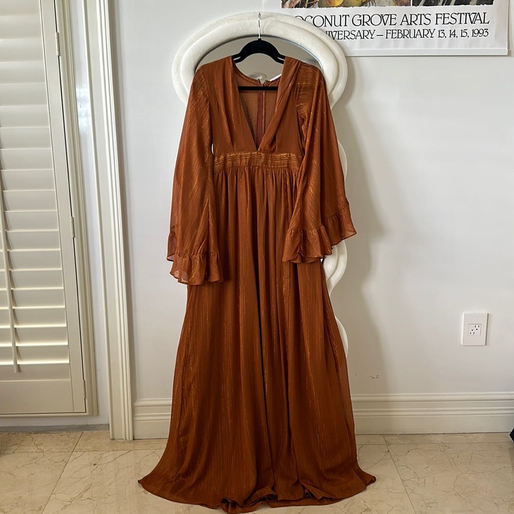 Showpo burnt orange flowy dress with gold detail
